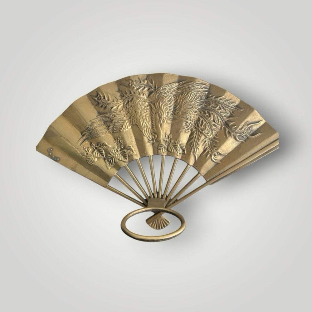 Vintage Solid Brass Fan Oriental Floral Phoenix Bird Wall Candle Vase Holder